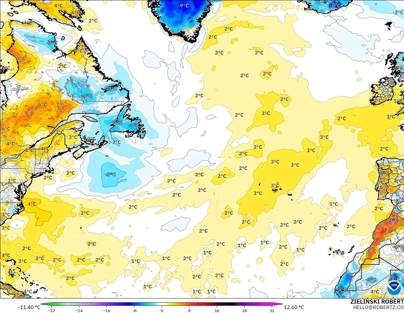 GFS モデル - 北大西洋, 気温異常（2m）