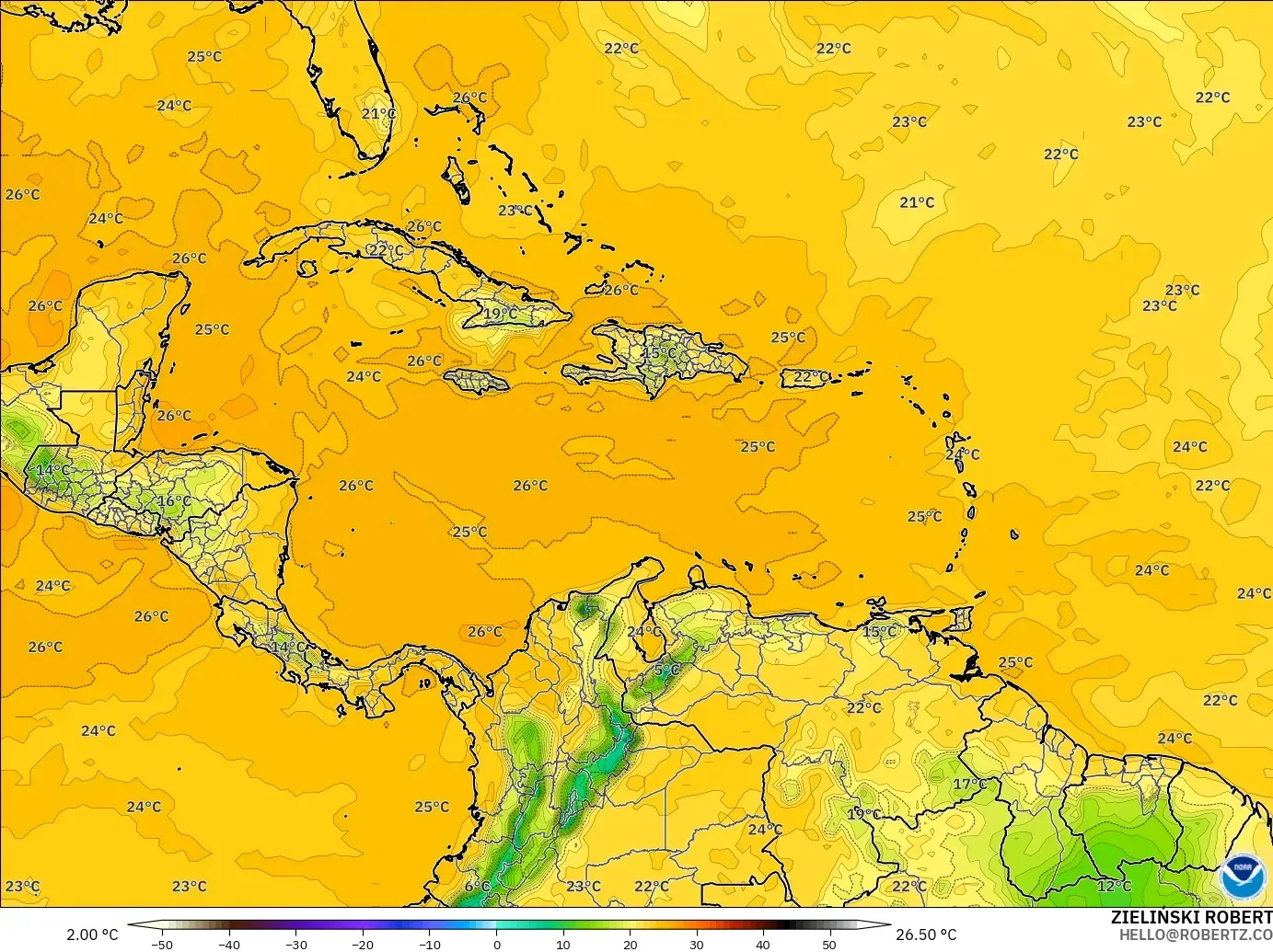 GFS モデル - カリブ海, 露点温度（2m）