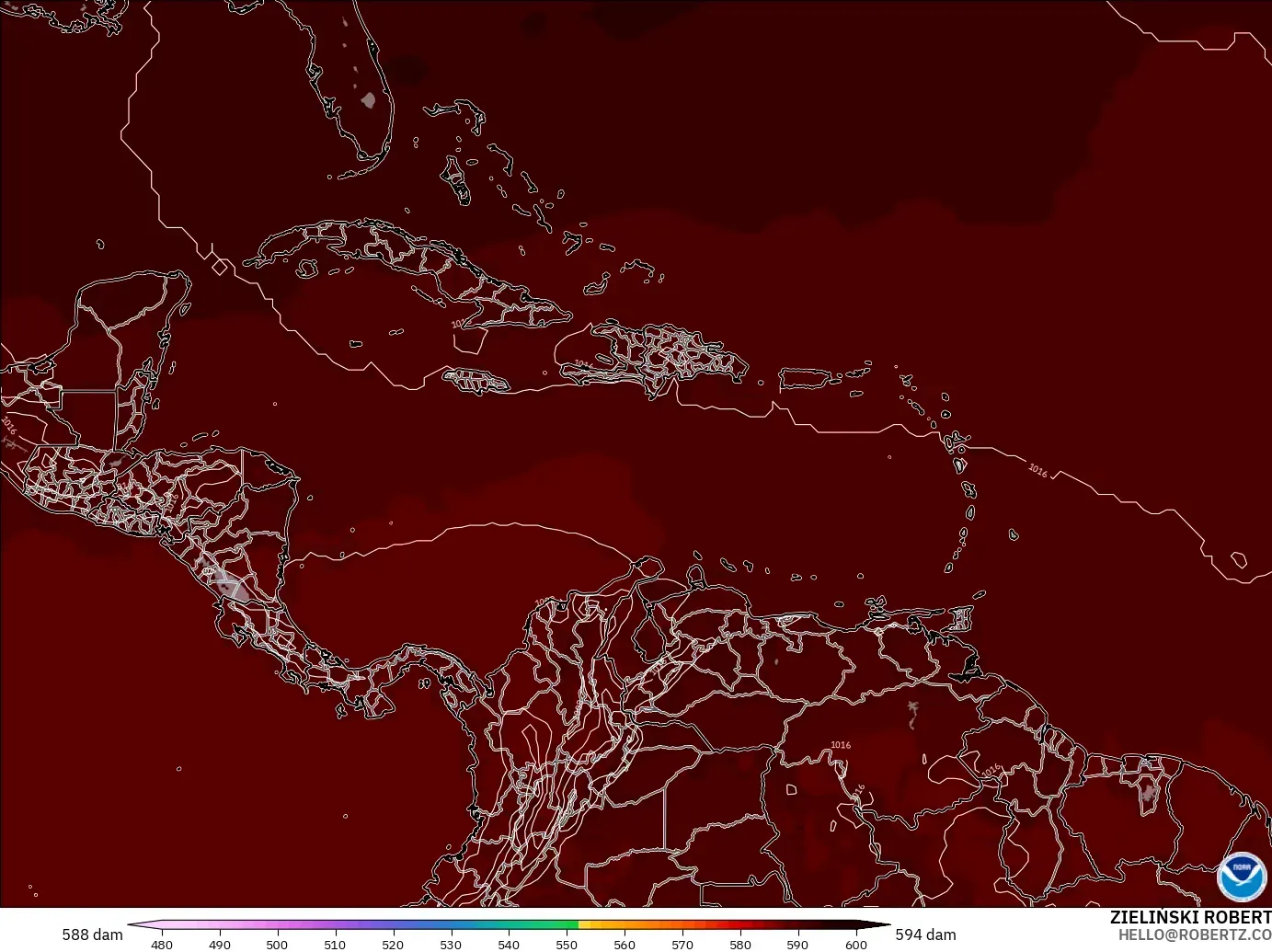 GFS モデル - カリブ海, 500hPaのジオポテンシャル高度
