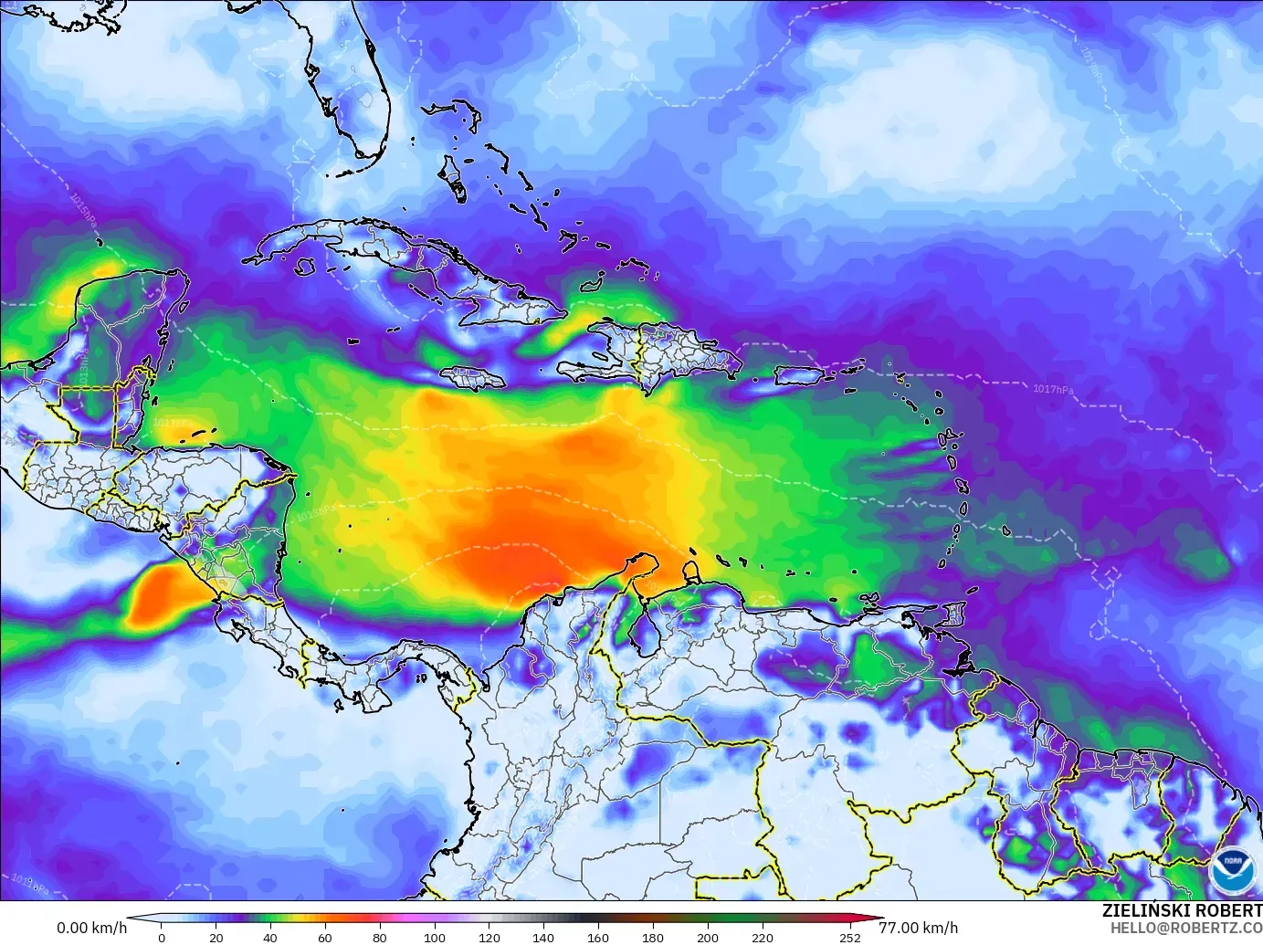 GFS モデル - カリブ海, 突風（最大）
