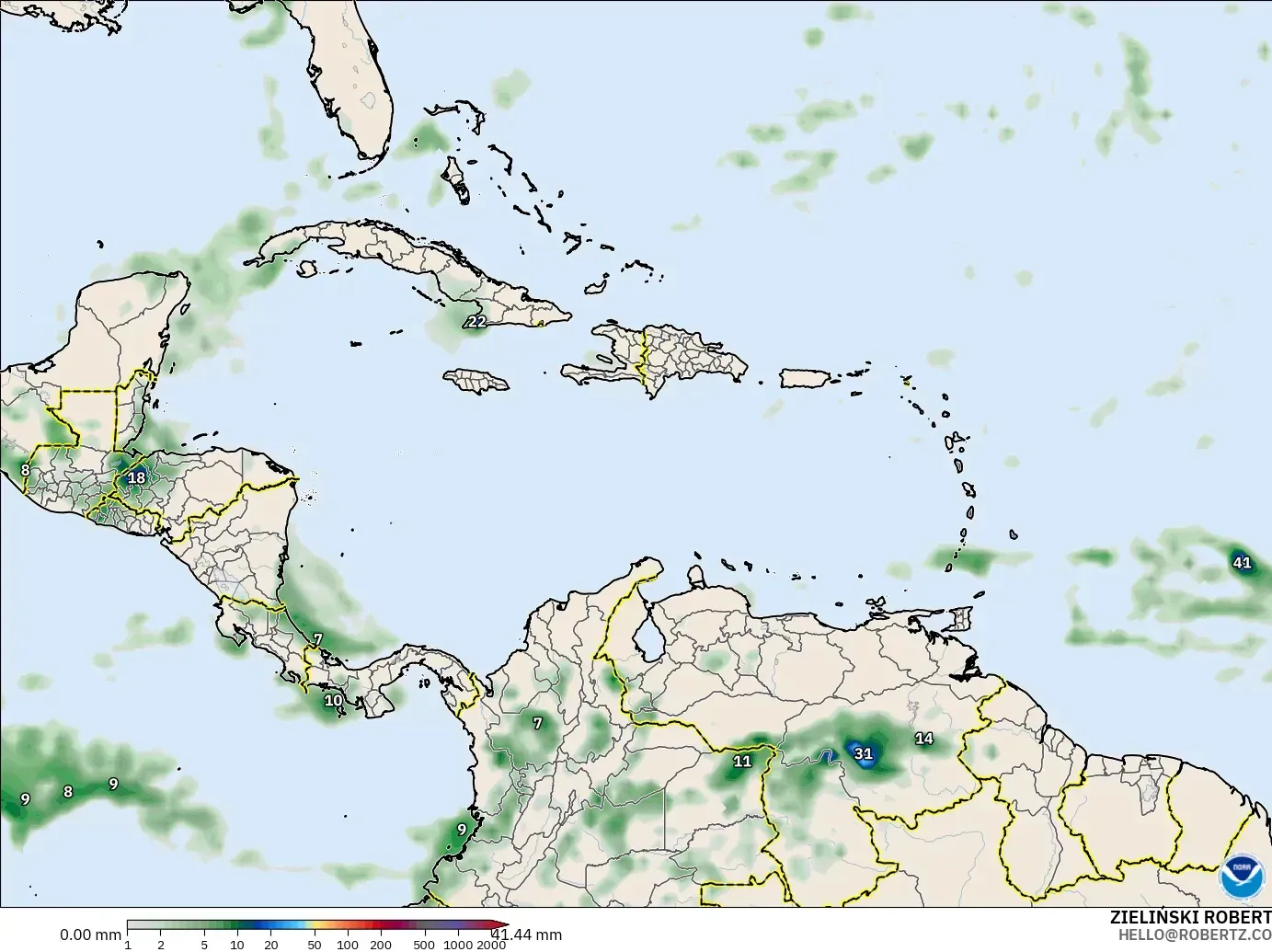 GFS モデル - カリブ海, 降水量の合計