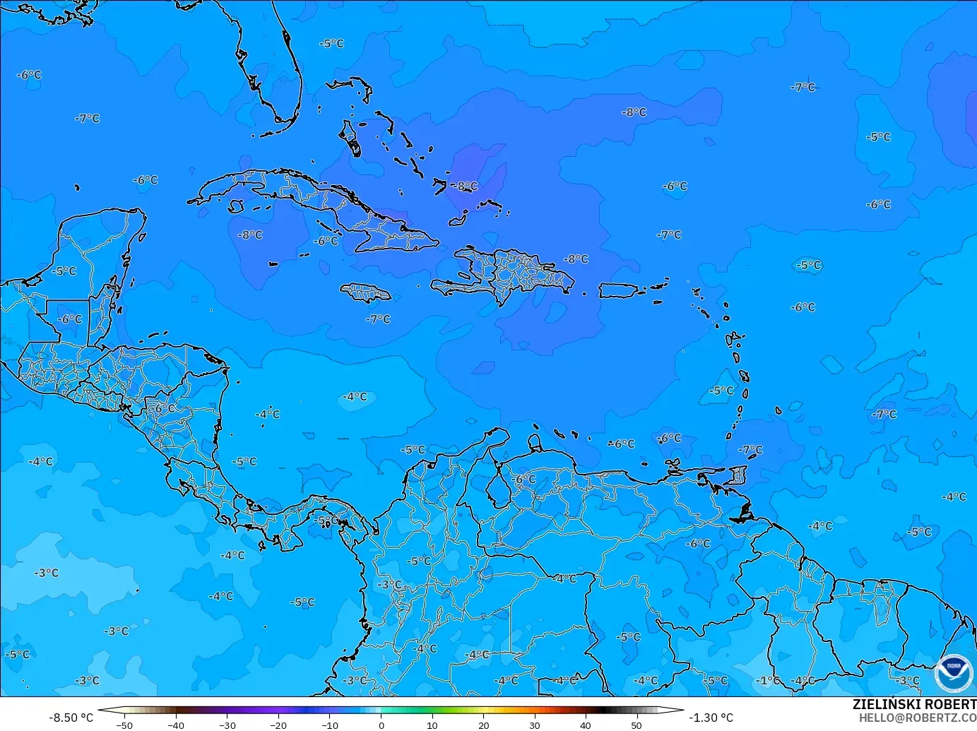GFS モデル - カリブ海, 気温（500hPa）