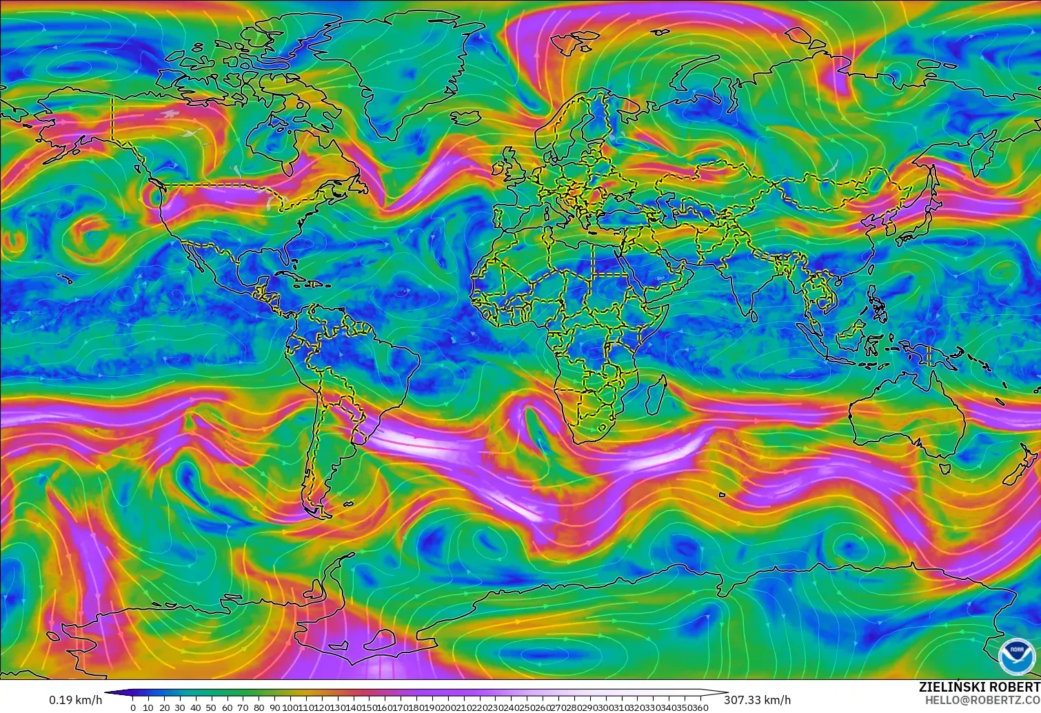 GFS モデル - 世界, 風速（300hPa）