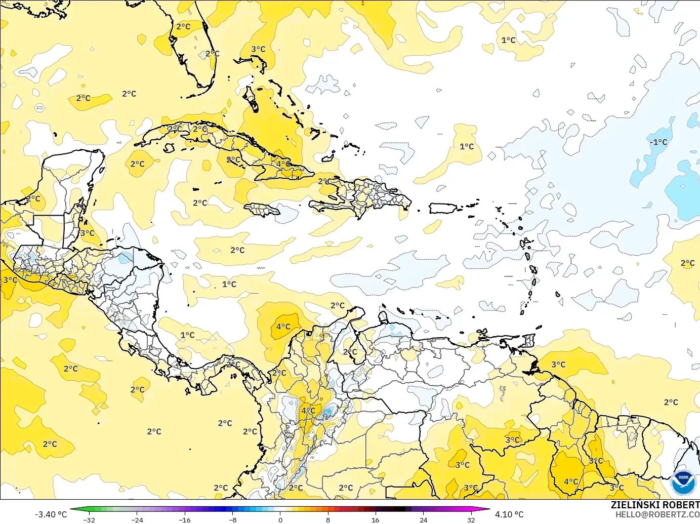 GFS モデル - カリブ海, 気温異常（850hPa）