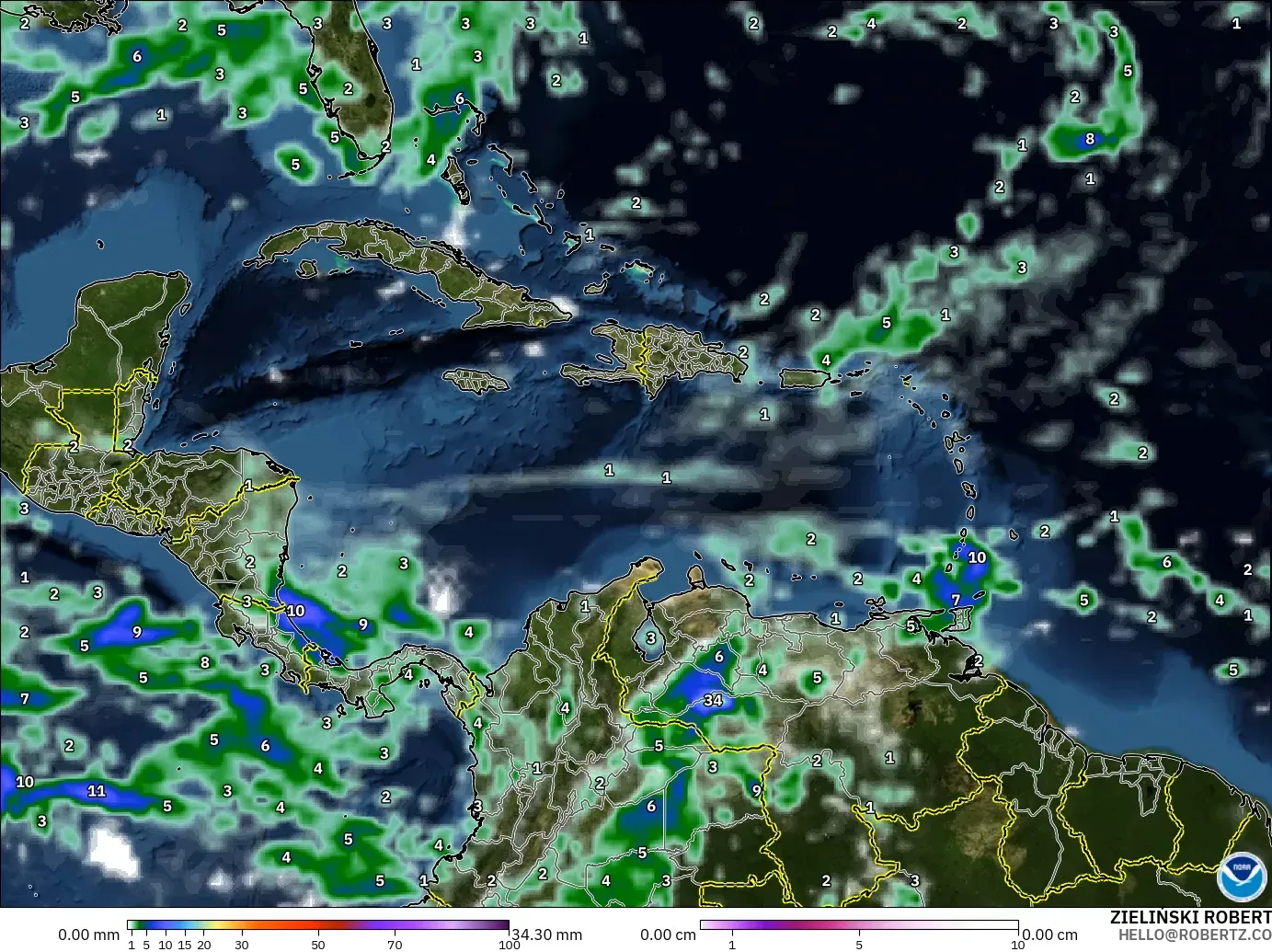GFS モデル - カリブ海, 降水量、雲、気圧