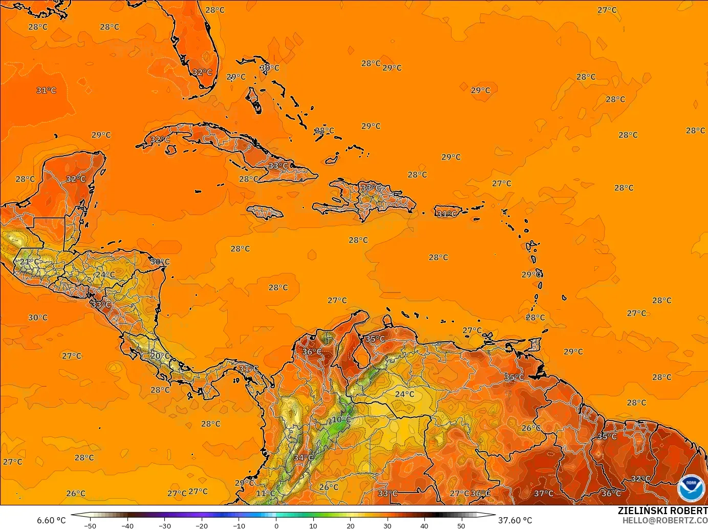 GFS モデル - カリブ海, 気温（2m）