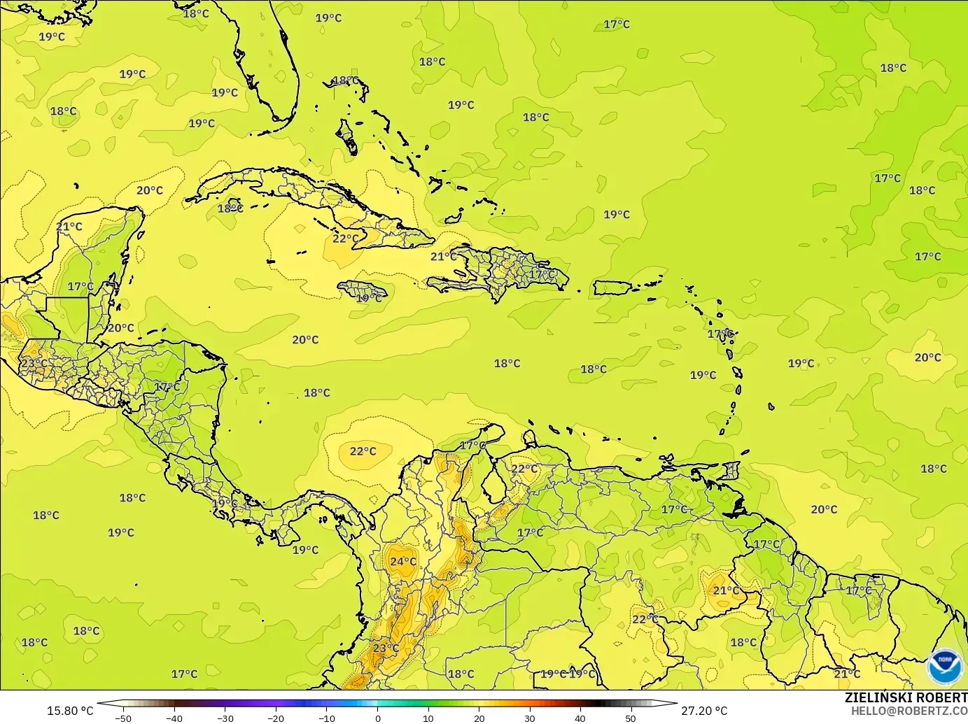 GFS モデル - カリブ海, 気温（850hPa）