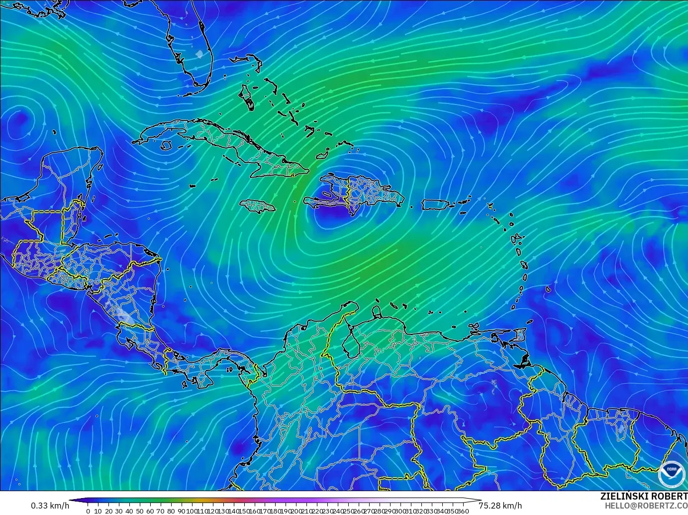 GFS モデル - カリブ海, 風速（300hPa）