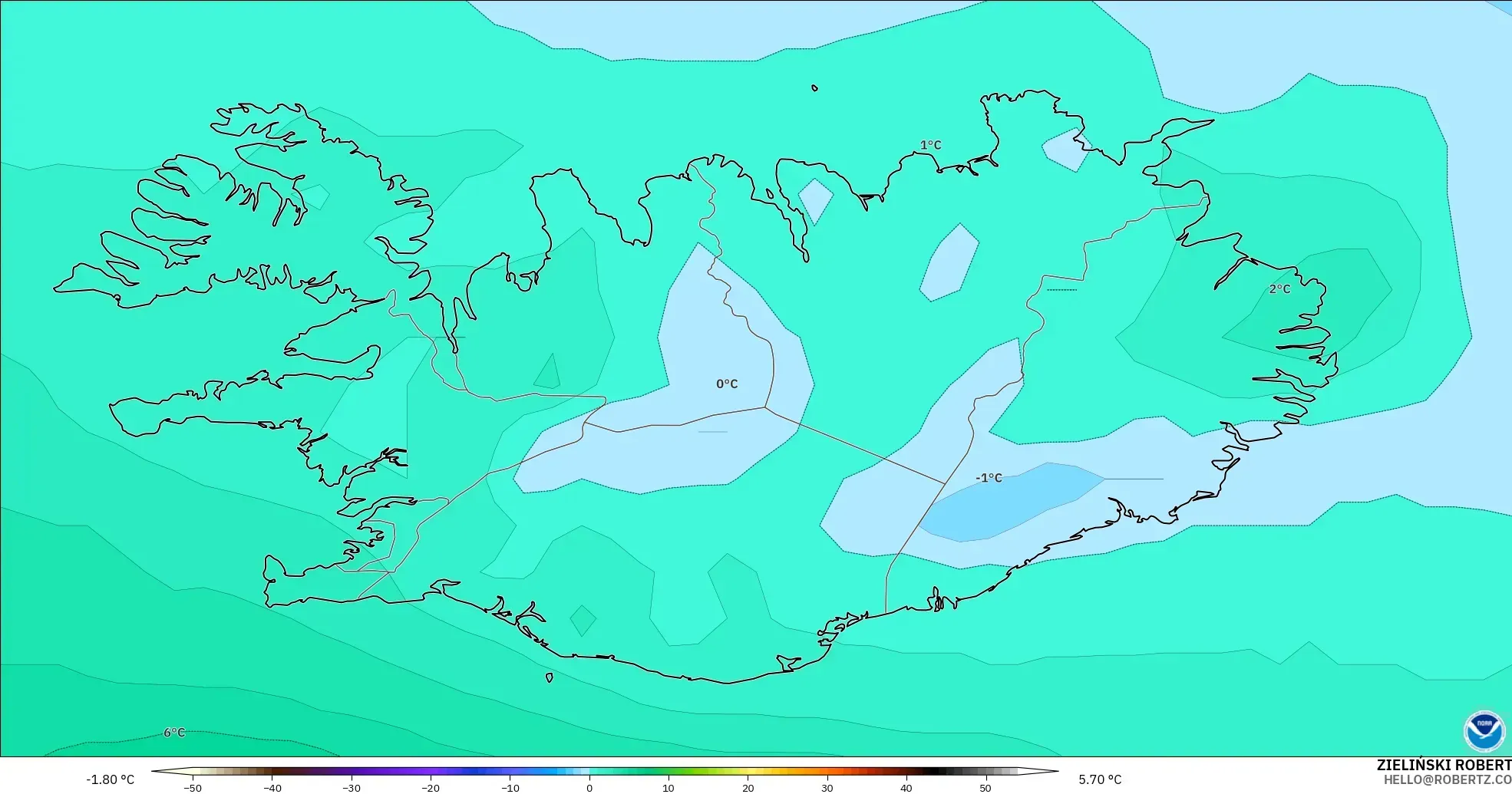 GFS モデル - アイスランド, 気温（850hPa）