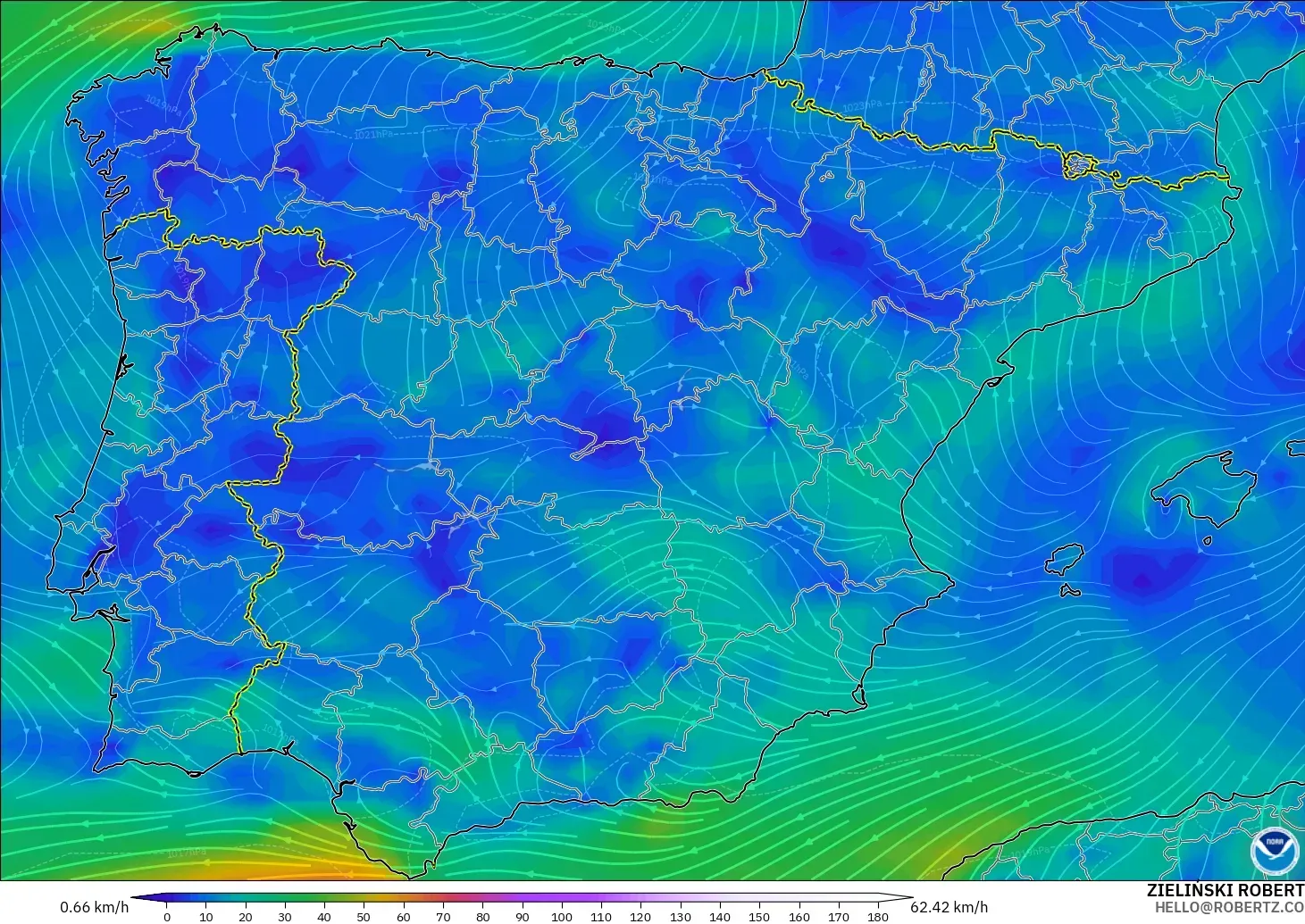 GFS モデル - スペイン, 風速（10m）