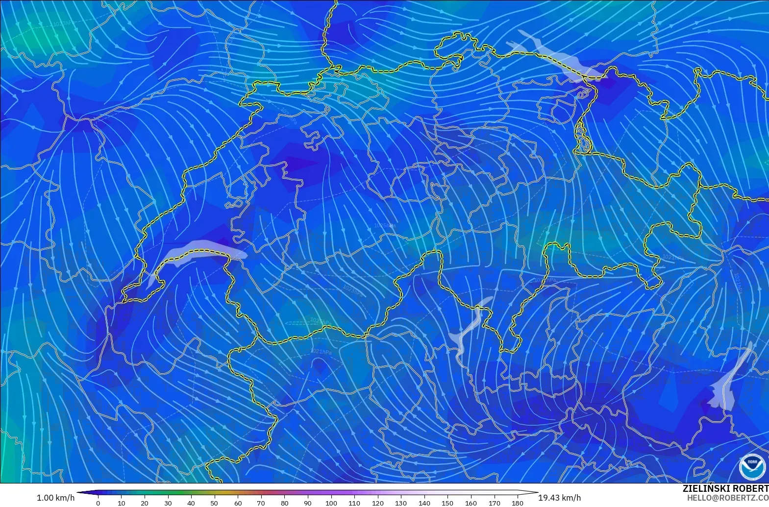 GFS モデル - スイス, 風速（10m）
