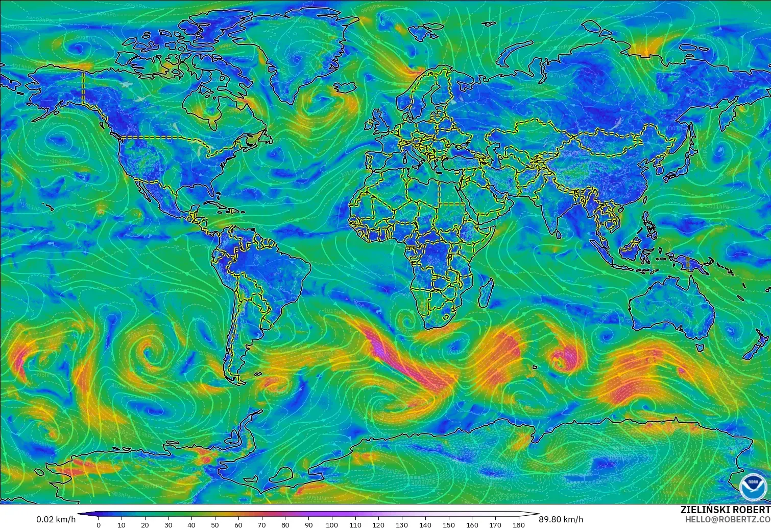 GFS モデル - 世界, 風速（10m）