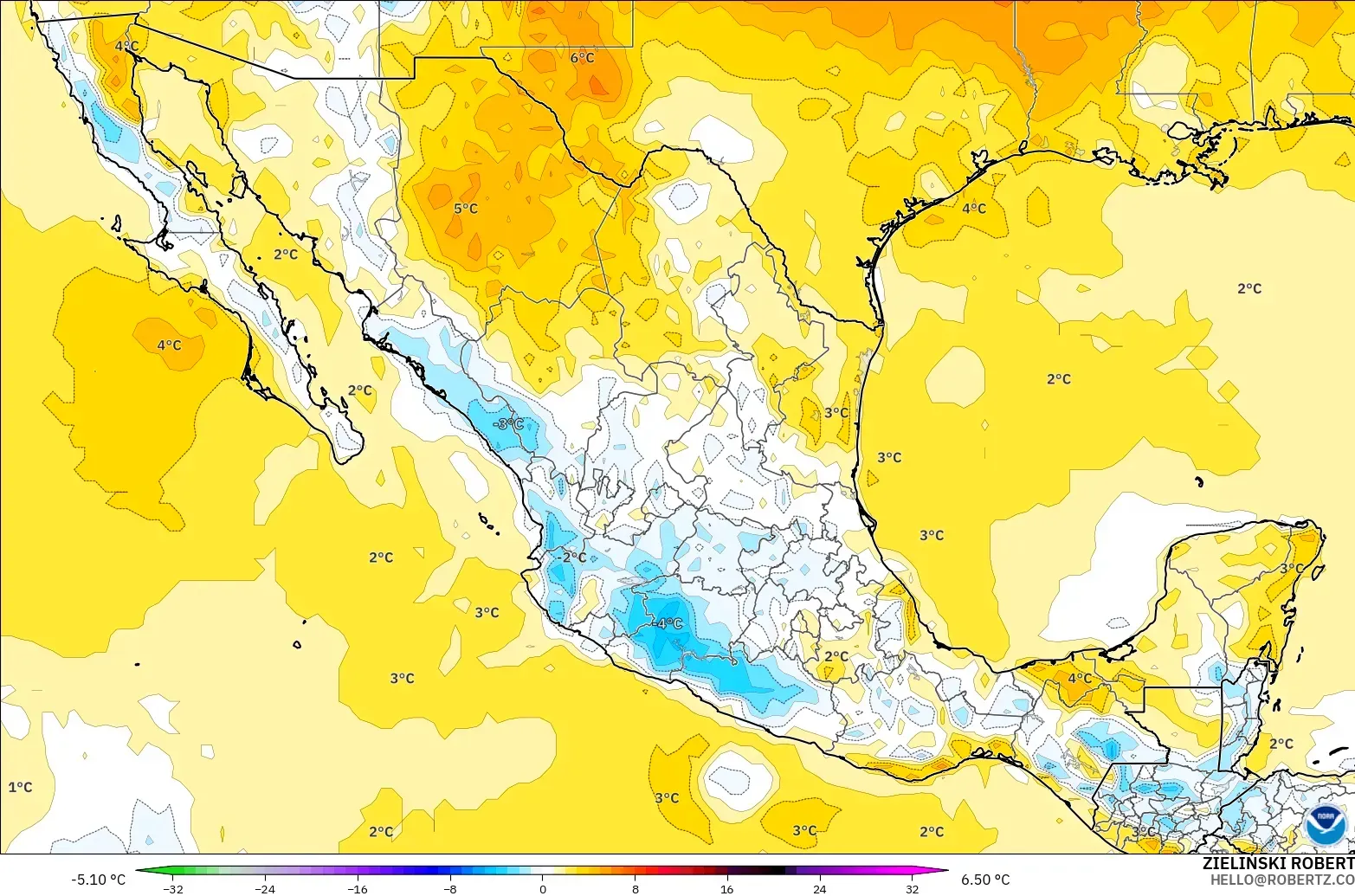 GFS モデル - メキシコ, 気温異常（2m）