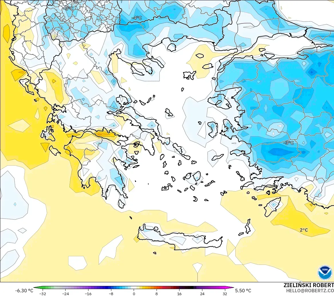 GFS モデル - ギリシャ, 気温異常（2m）