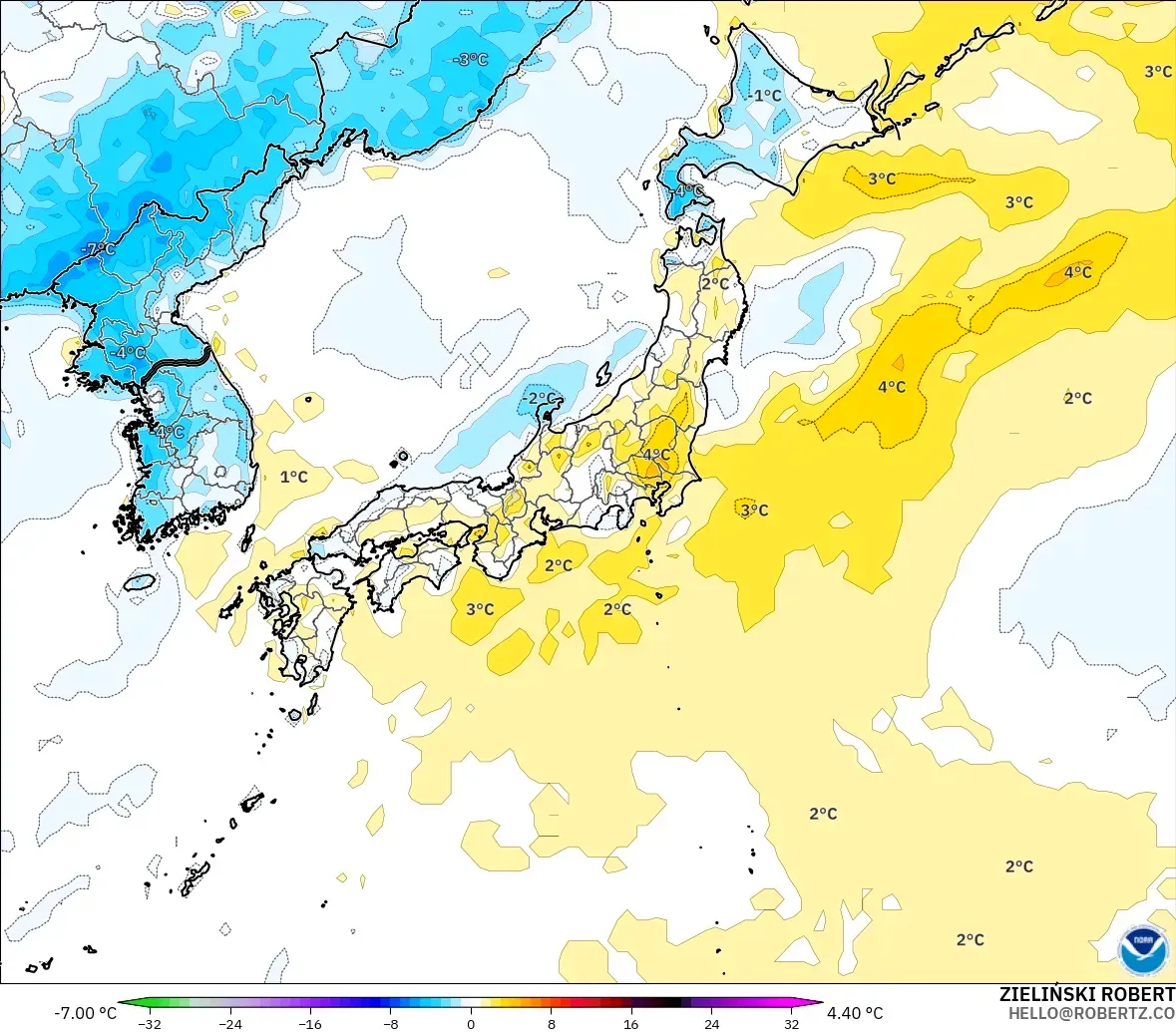 GFS モデル - 日本, 気温異常（2m）