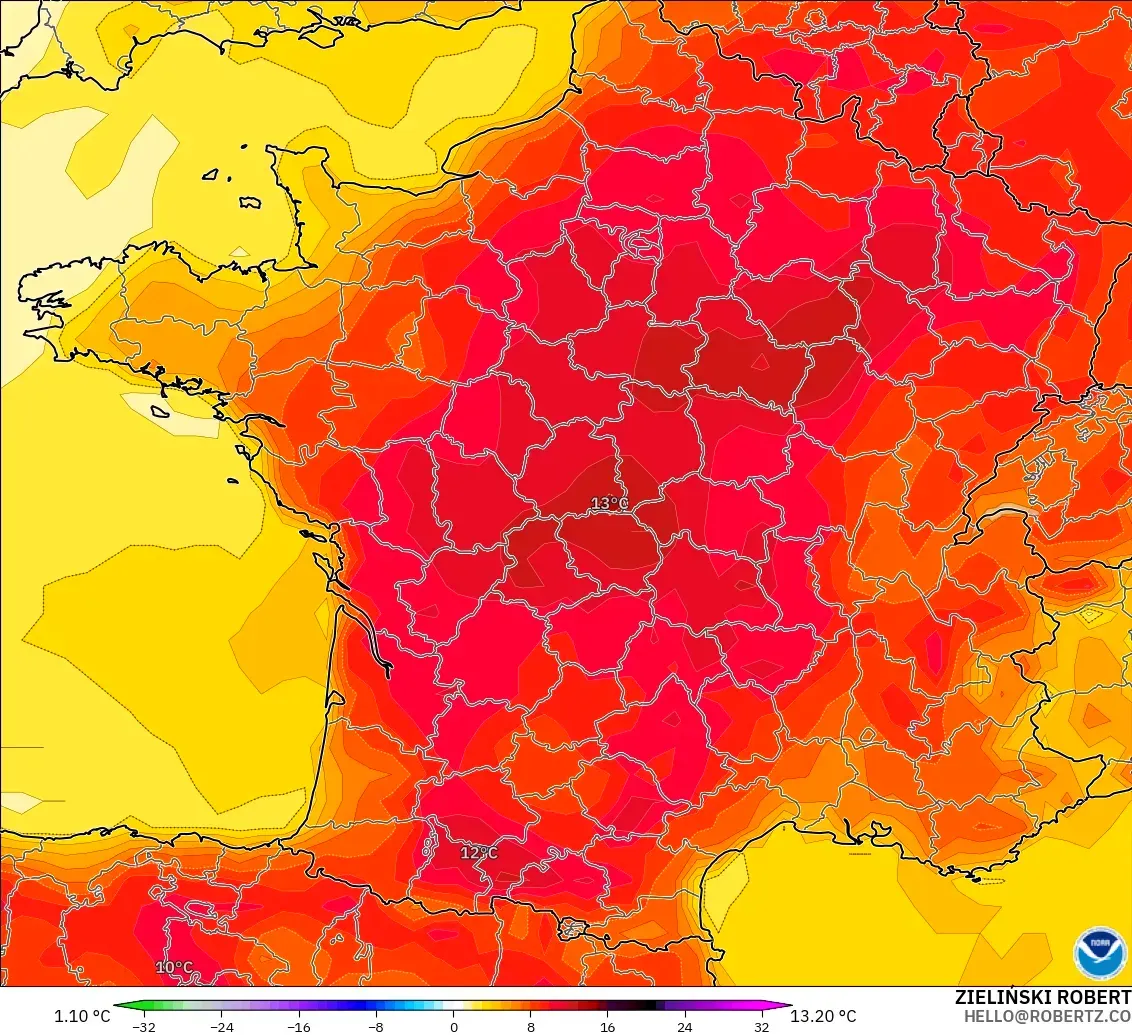 GFS モデル - フランス, 気温異常（2m）