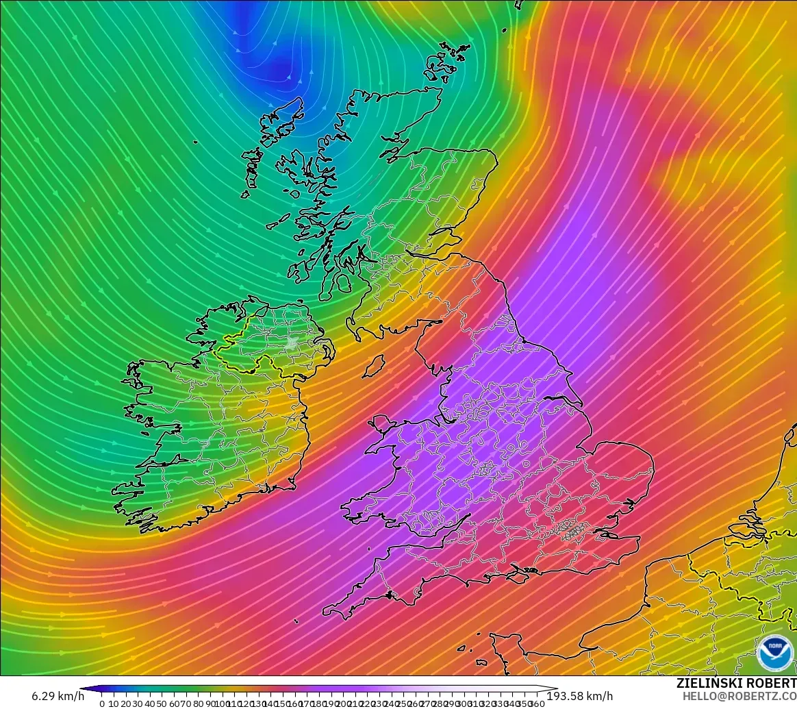GFS モデル - イギリス, 風速（300hPa）