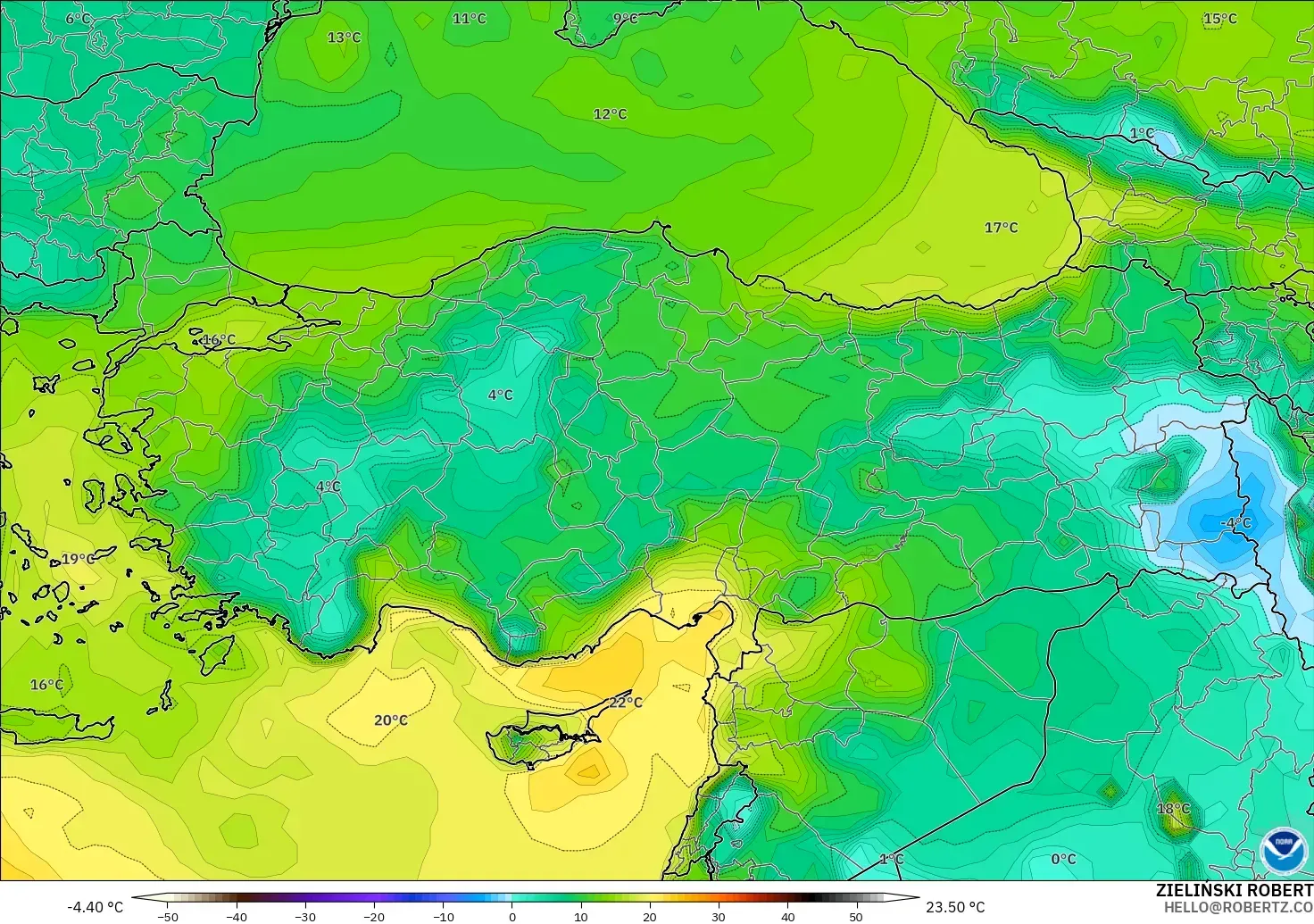 GFS モデル - トルコ, 露点温度（2m）