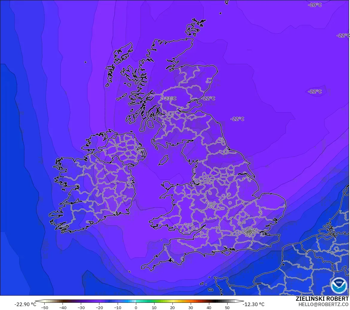 GFS モデル - イギリス, 気温（500hPa）