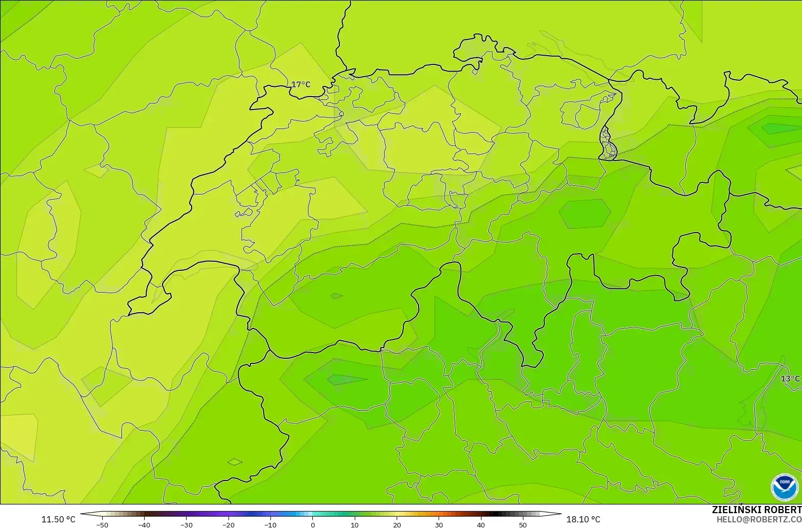 GFS モデル - スイス, 気温（850hPa）