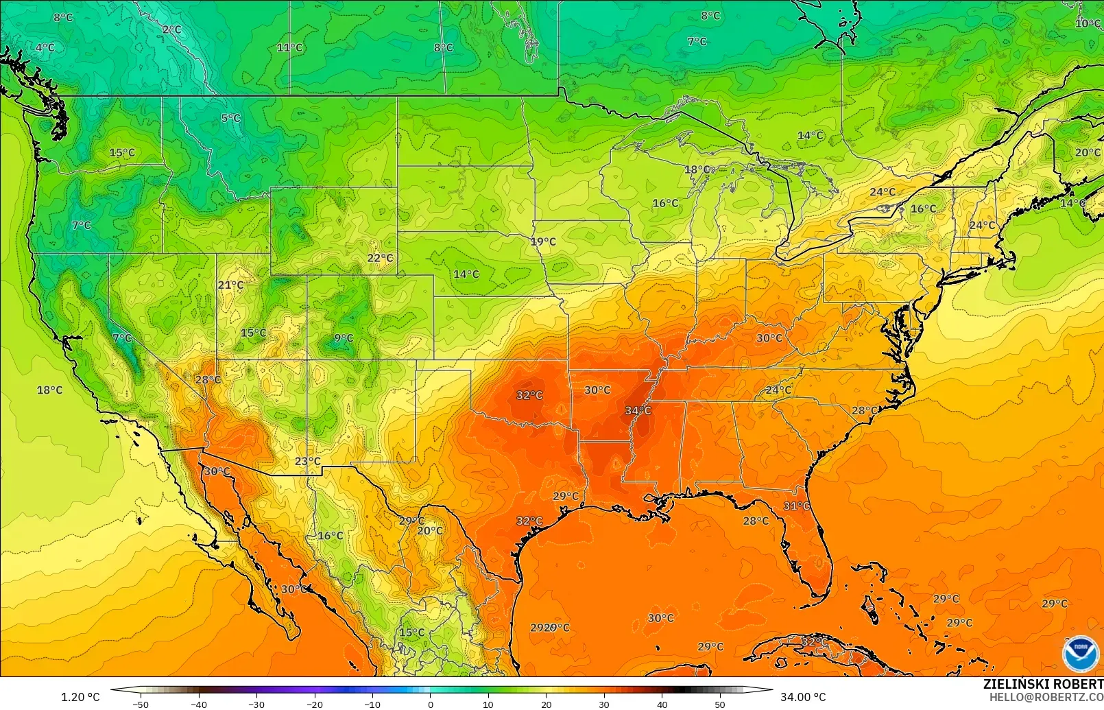 GFS モデル - アメリカ合衆国, 気温（2m）