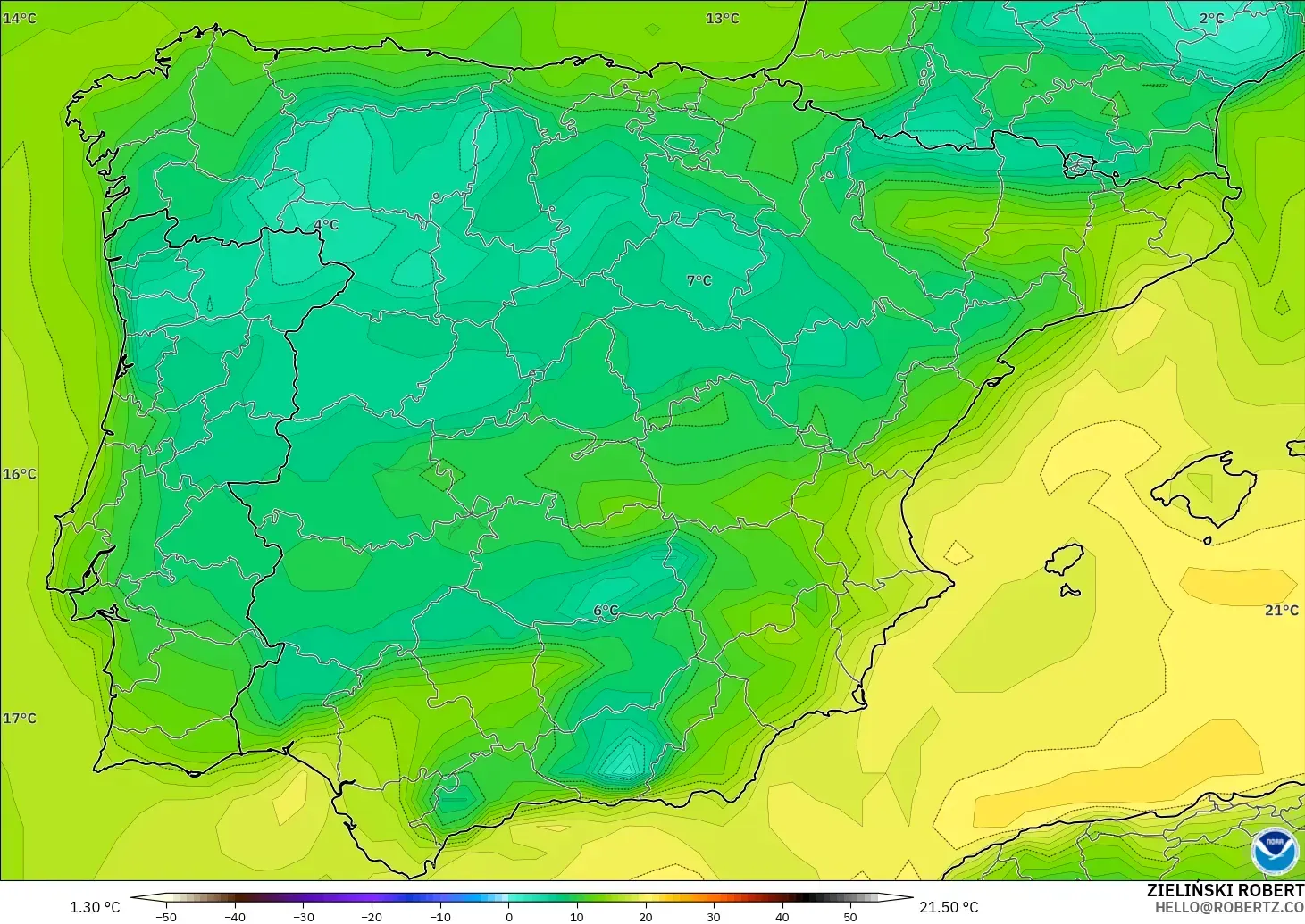 GFS モデル - スペイン, 露点温度（2m）