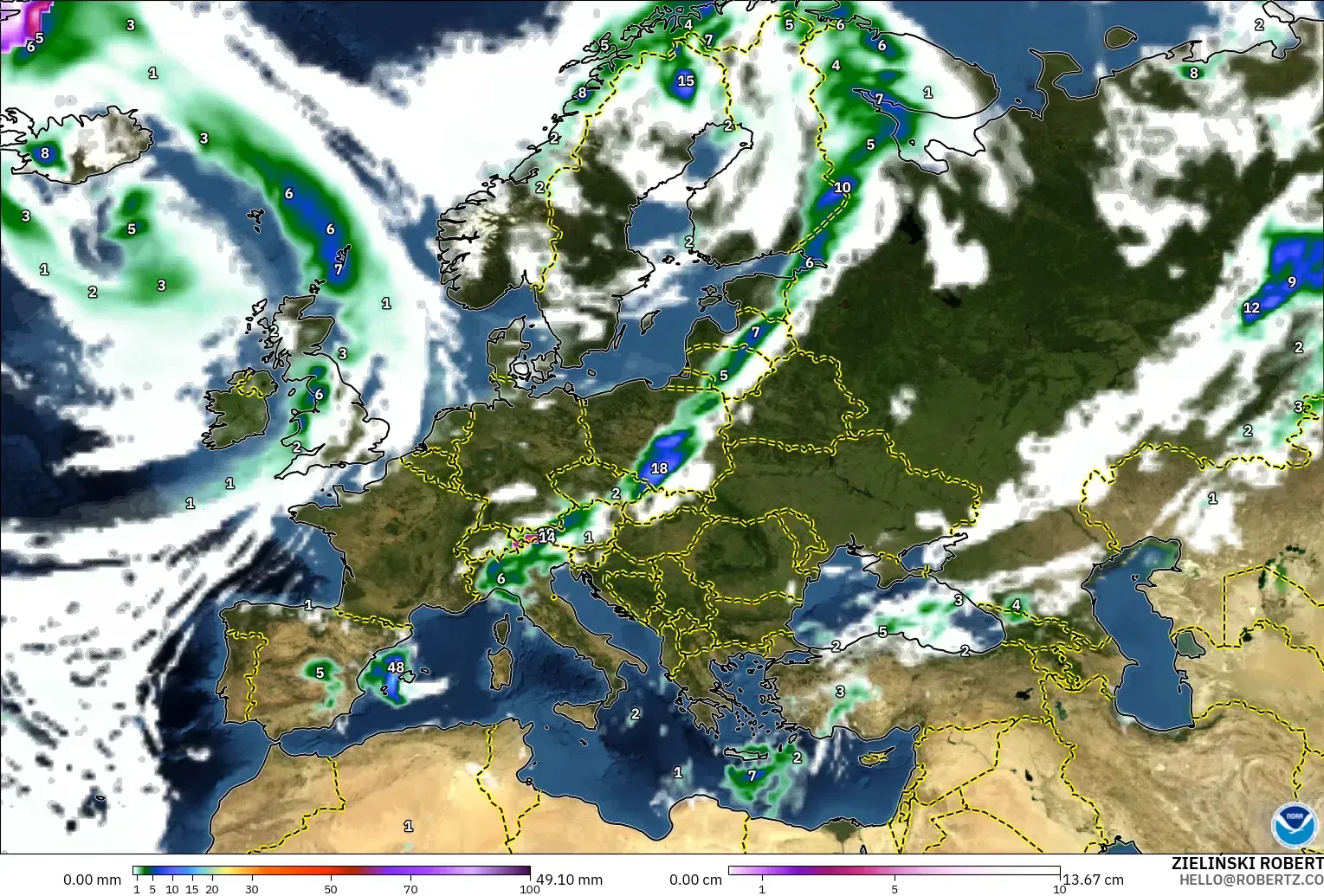 GFS モデル - ヨーロッパ, 降水量、雲、気圧