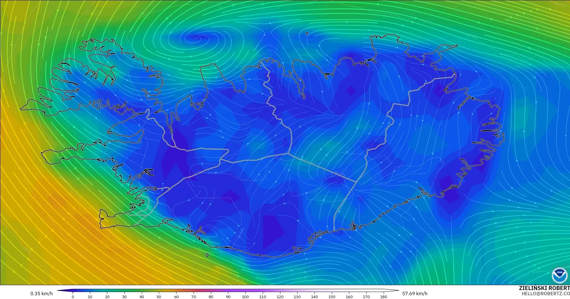 GFS モデル - アイスランド, 風速（10m）