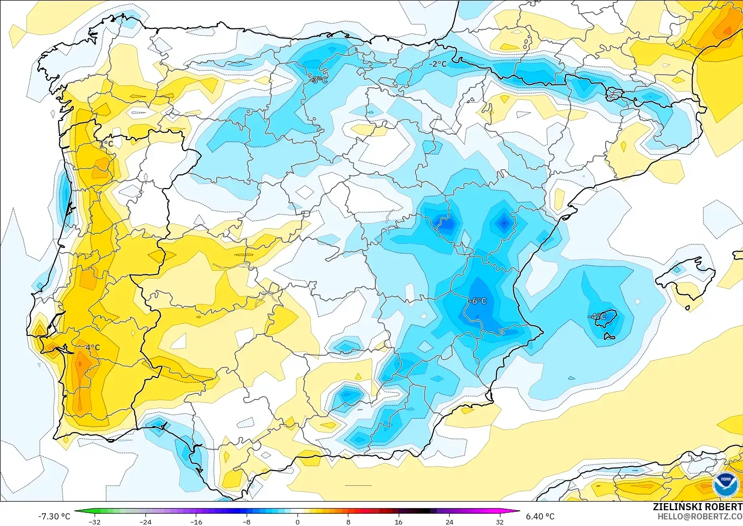 GFS モデル - スペイン, 気温異常（2m）