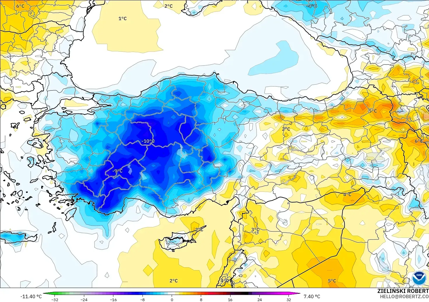 GFS モデル - トルコ, 気温異常（2m）