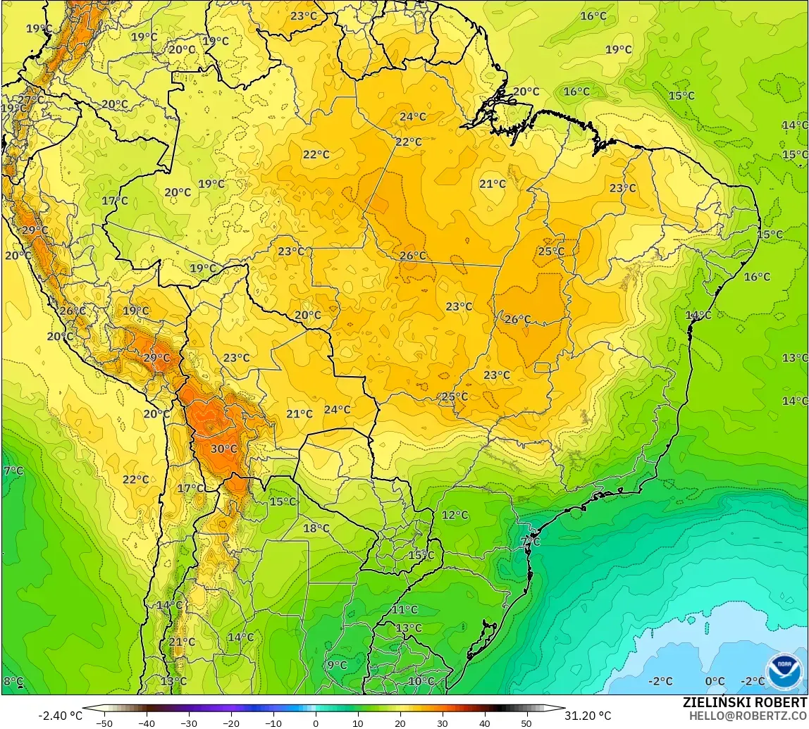 GFS モデル - ブラジル, 気温（850hPa）