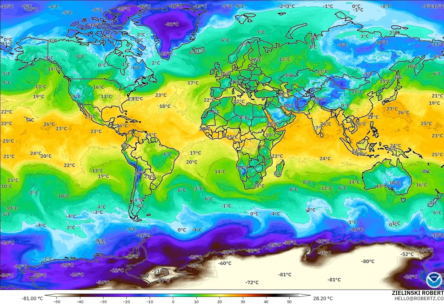 GFS モデル - 世界, 露点温度（2m）