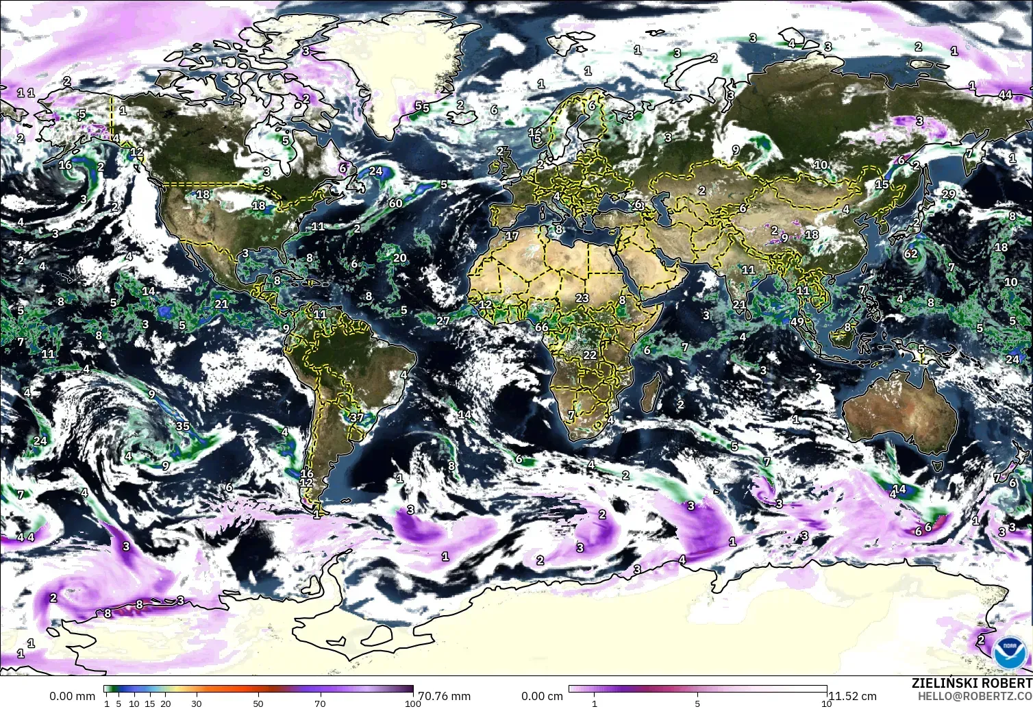 GFS モデル - 世界, 降水量、雲、気圧