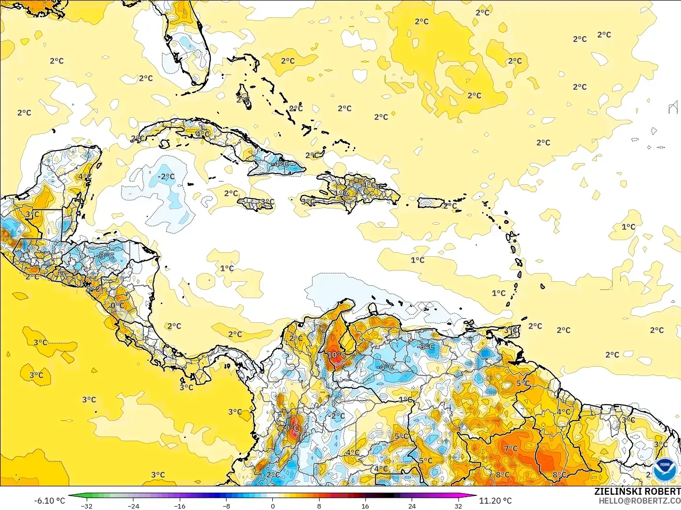GFS モデル - カリブ海, 気温異常（2m）