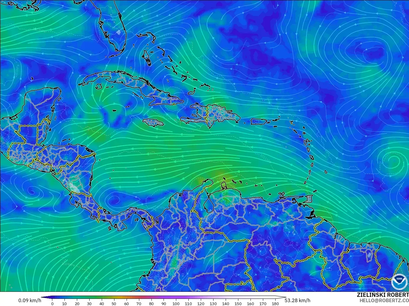 GFS モデル - カリブ海, 風速（10m）