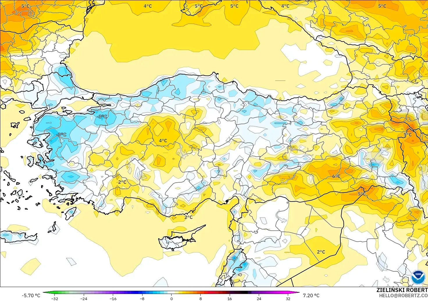 GFS モデル - トルコ, 気温異常（2m）