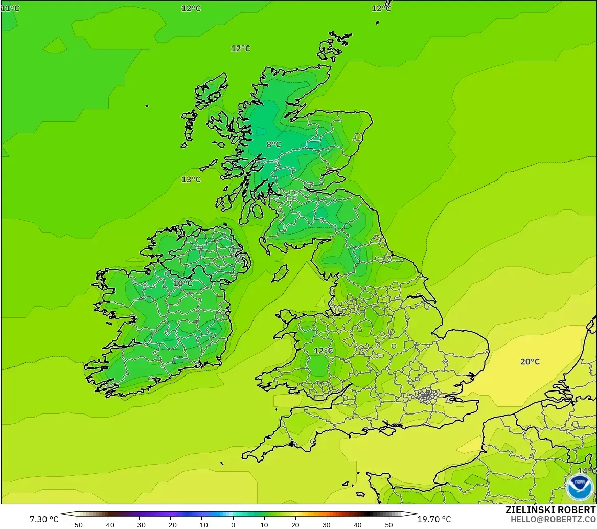 GFS モデル - イギリス, 気温（2m）