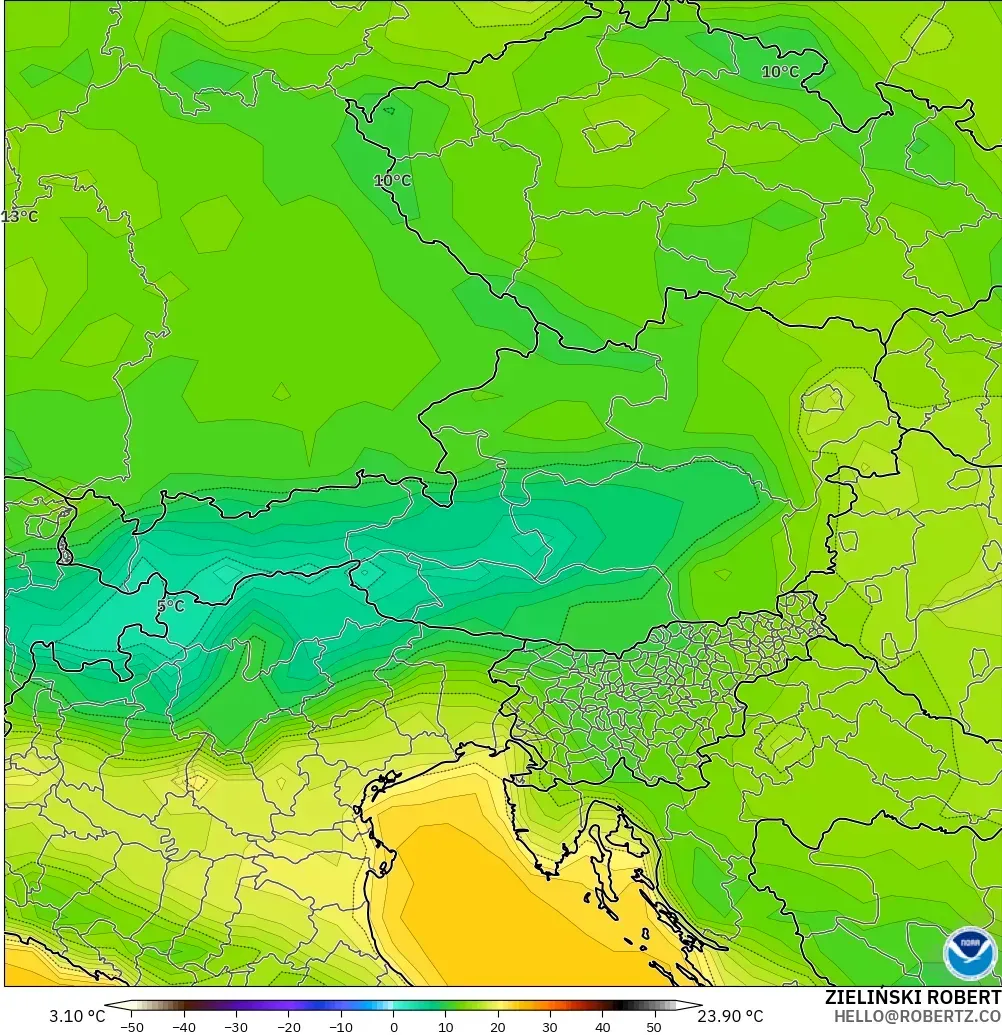 GFS モデル - オーストリア, 気温（2m）