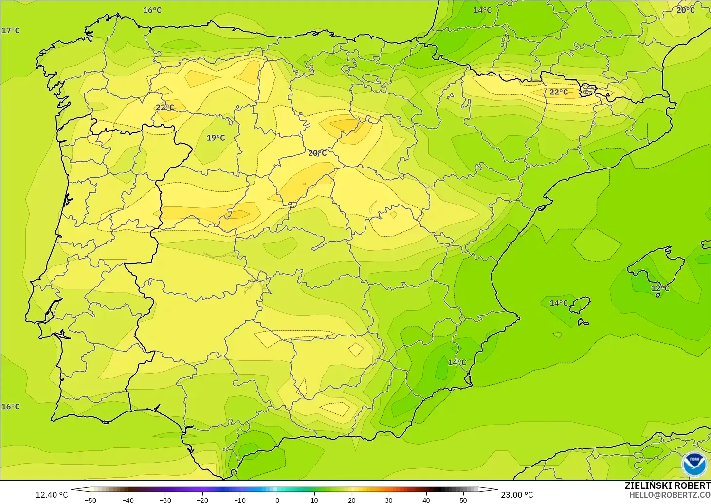 GFS モデル - スペイン, 気温（850hPa）