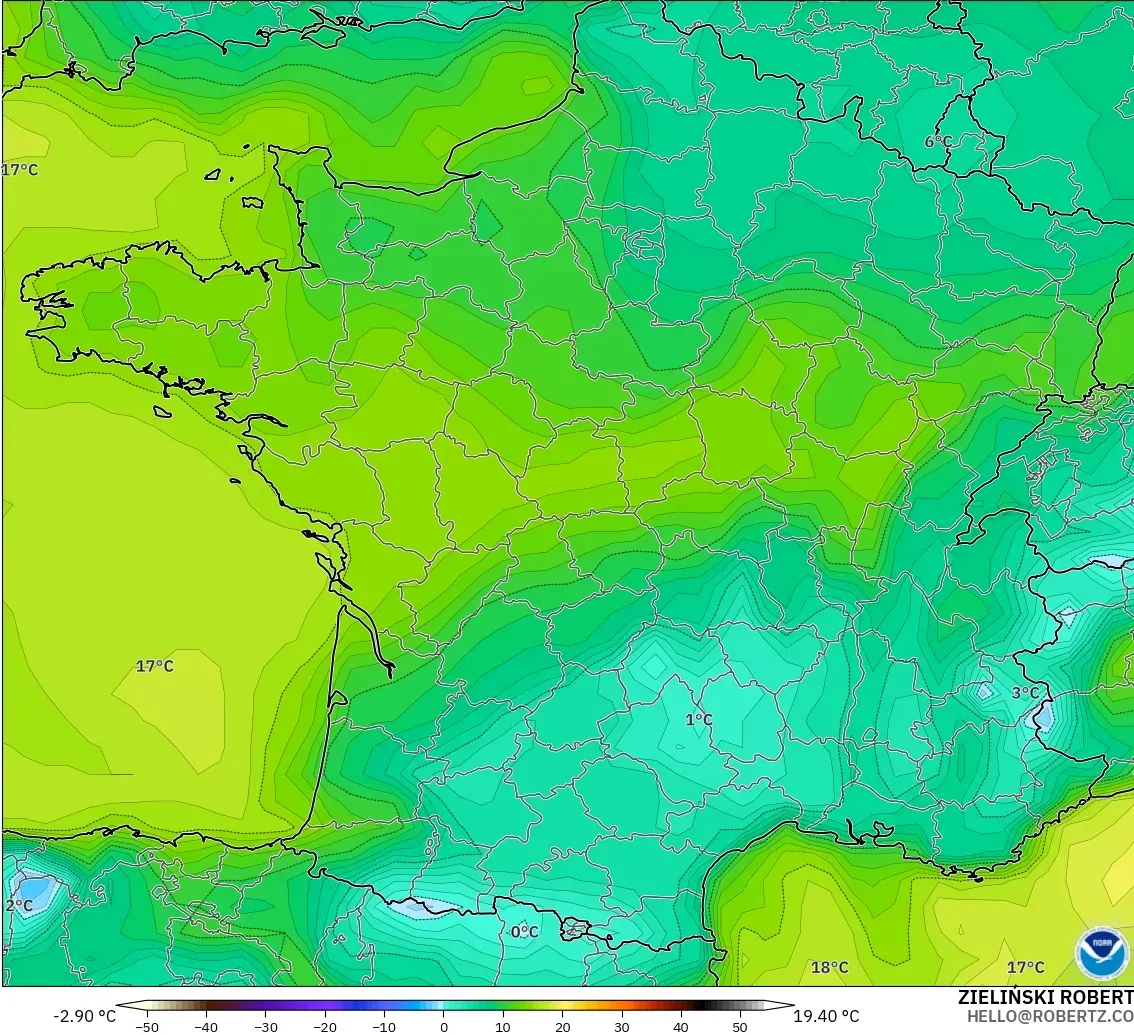 GFS モデル - フランス, 露点温度（2m）