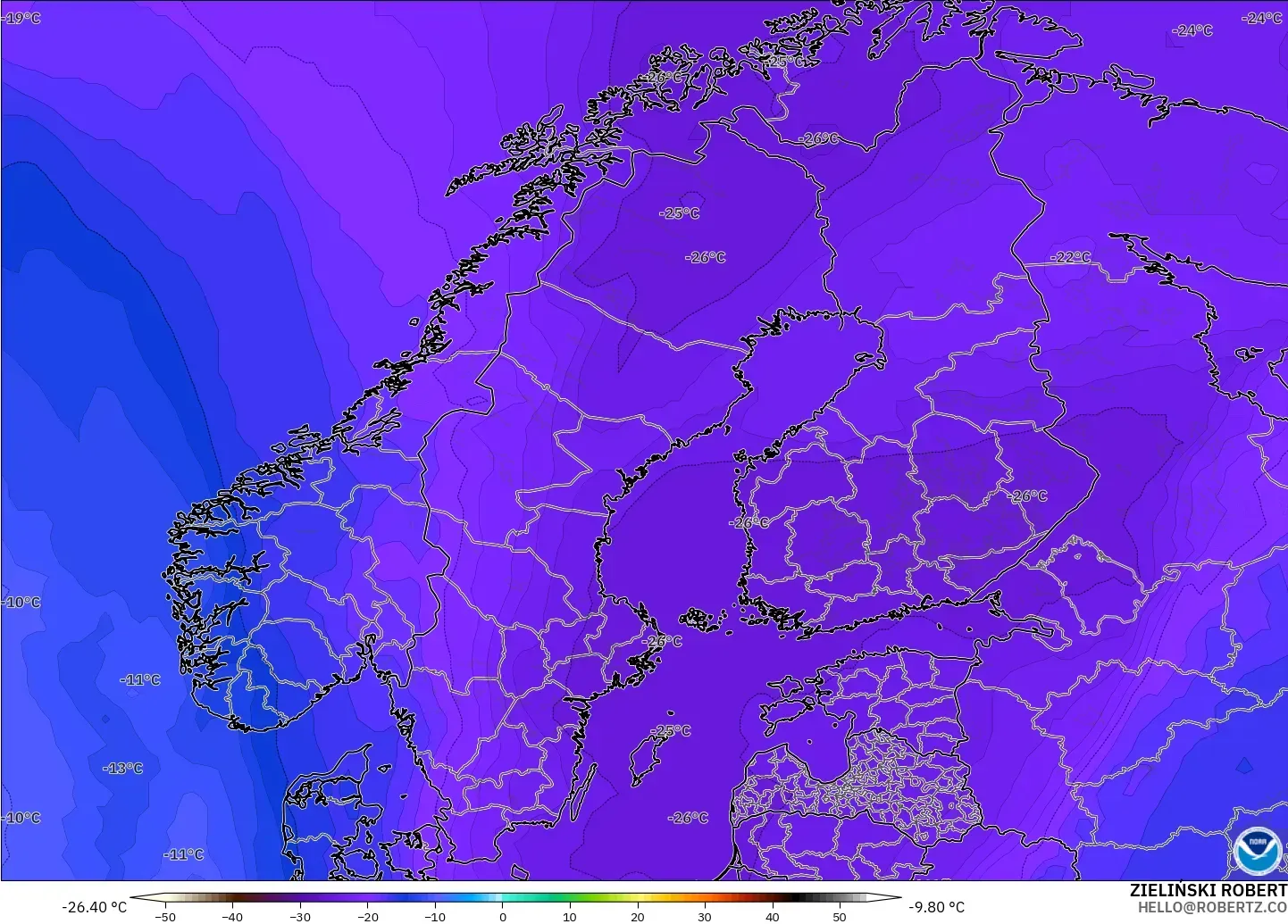 GFS モデル - スカンジナビア, 気温（500hPa）