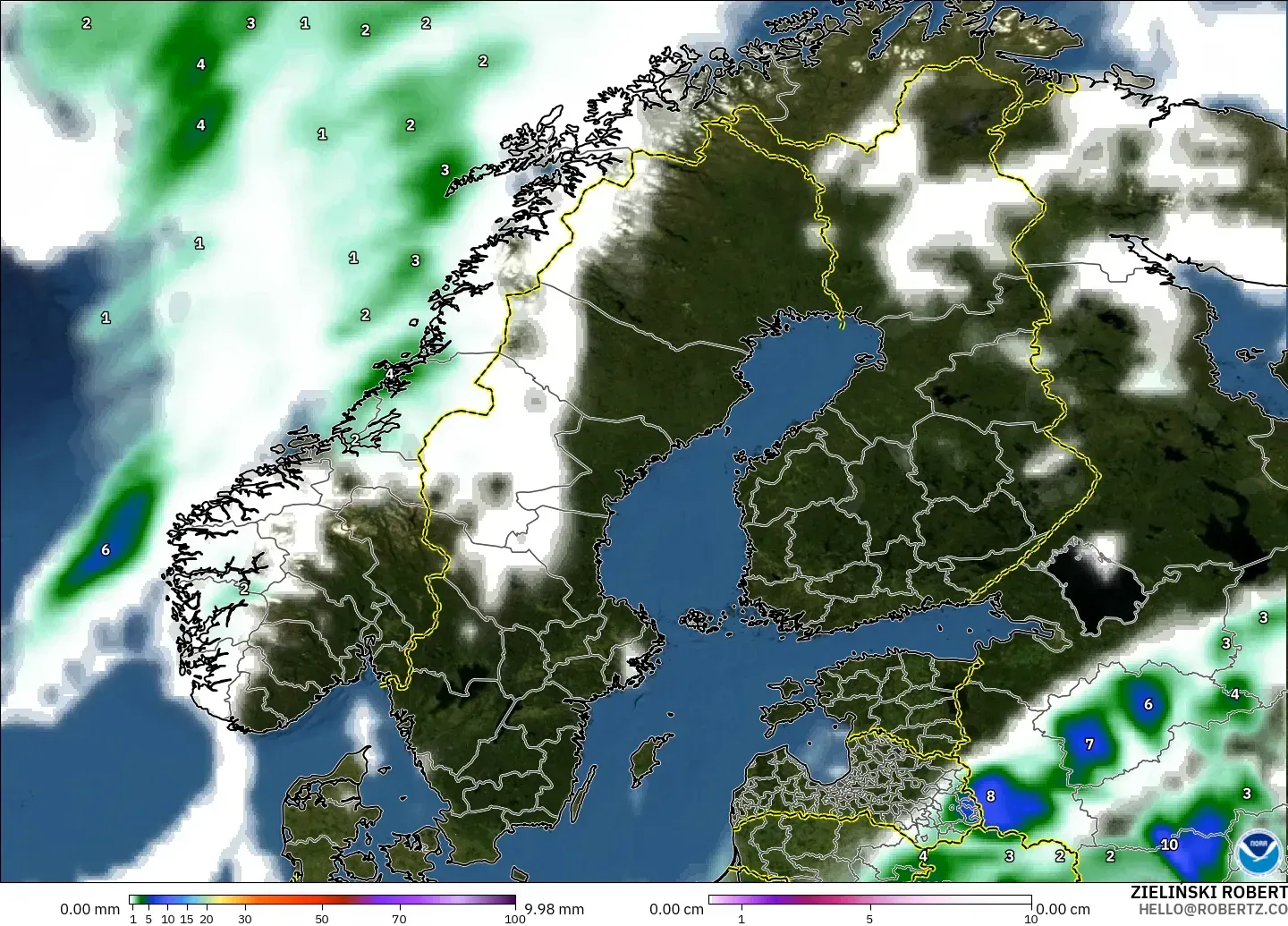 GFS モデル - スカンジナビア, 降水量、雲、気圧