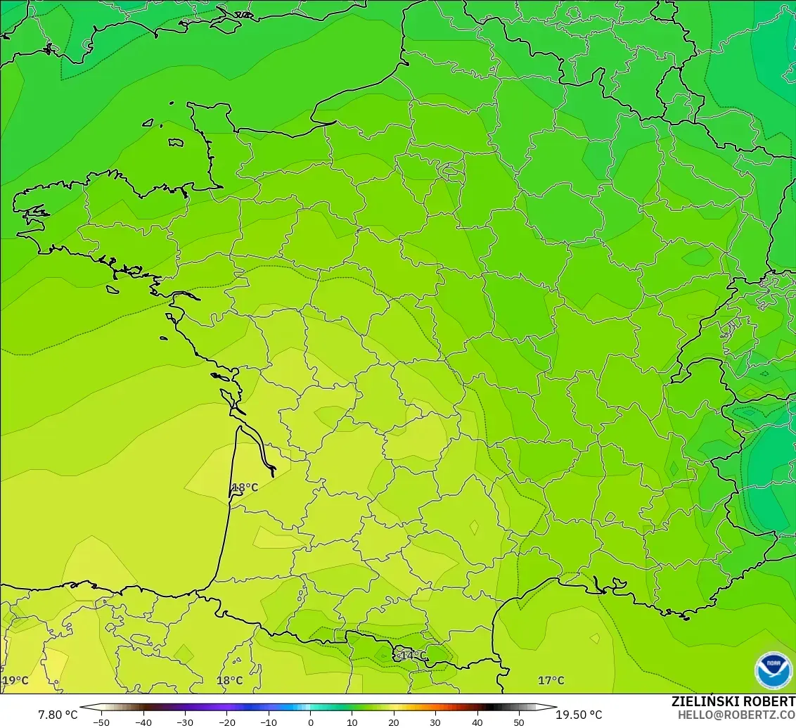 GFS モデル - フランス, 気温（850hPa）
