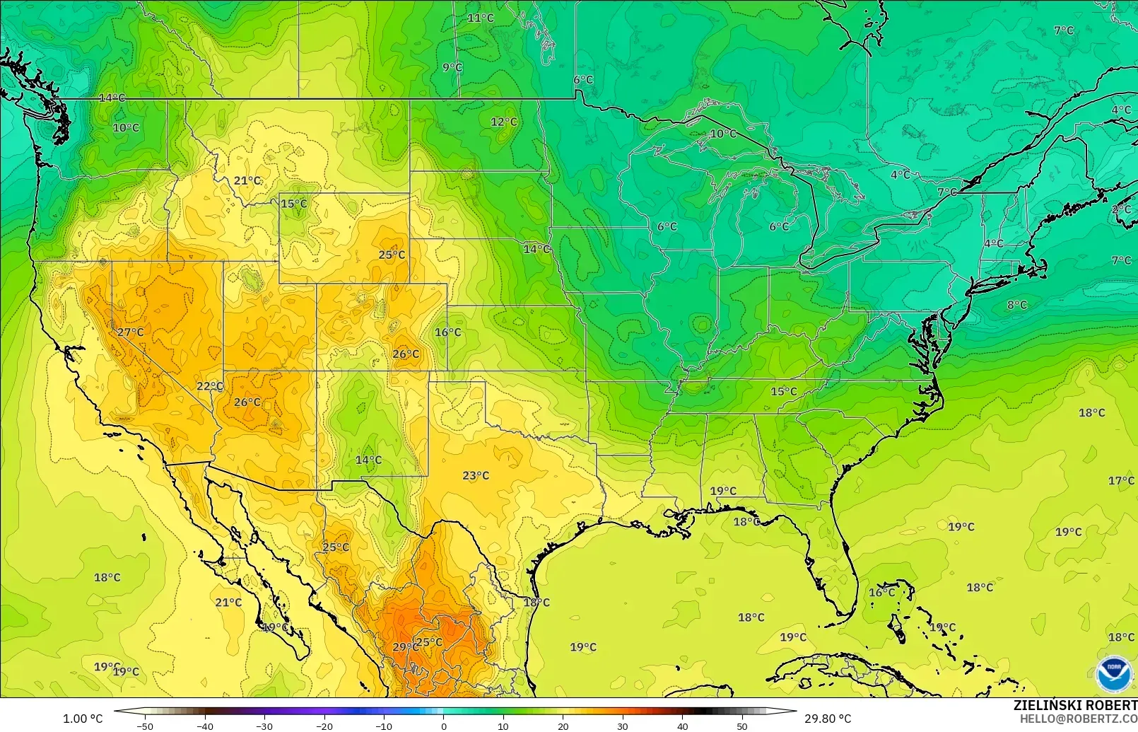 GFS モデル - アメリカ合衆国, 気温（850hPa）