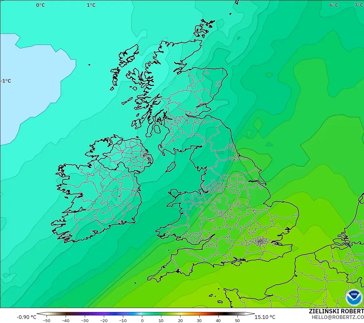 GFS モデル - イギリス, 気温（850hPa）