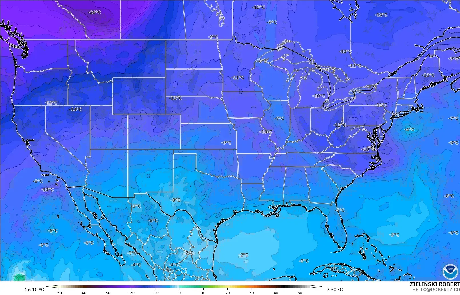 GFS モデル - アメリカ合衆国, 気温（500hPa）