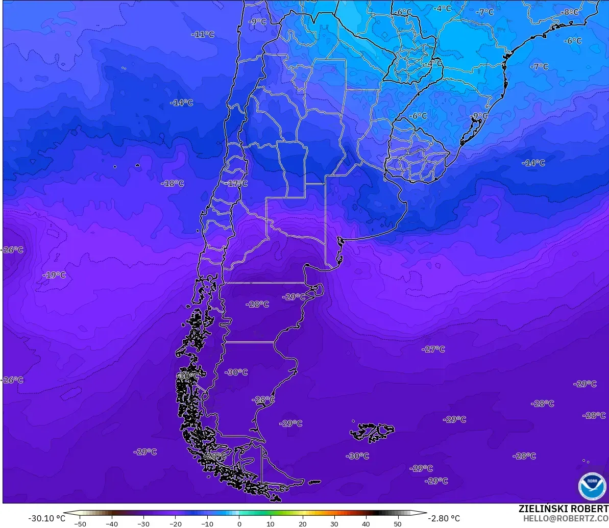 GFS モデル - アルゼンチン, 気温（500hPa）