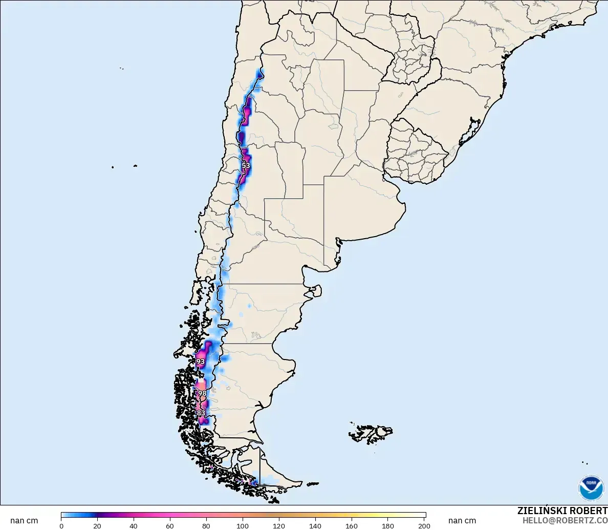 GFS モデル - アルゼンチン, 積雪深