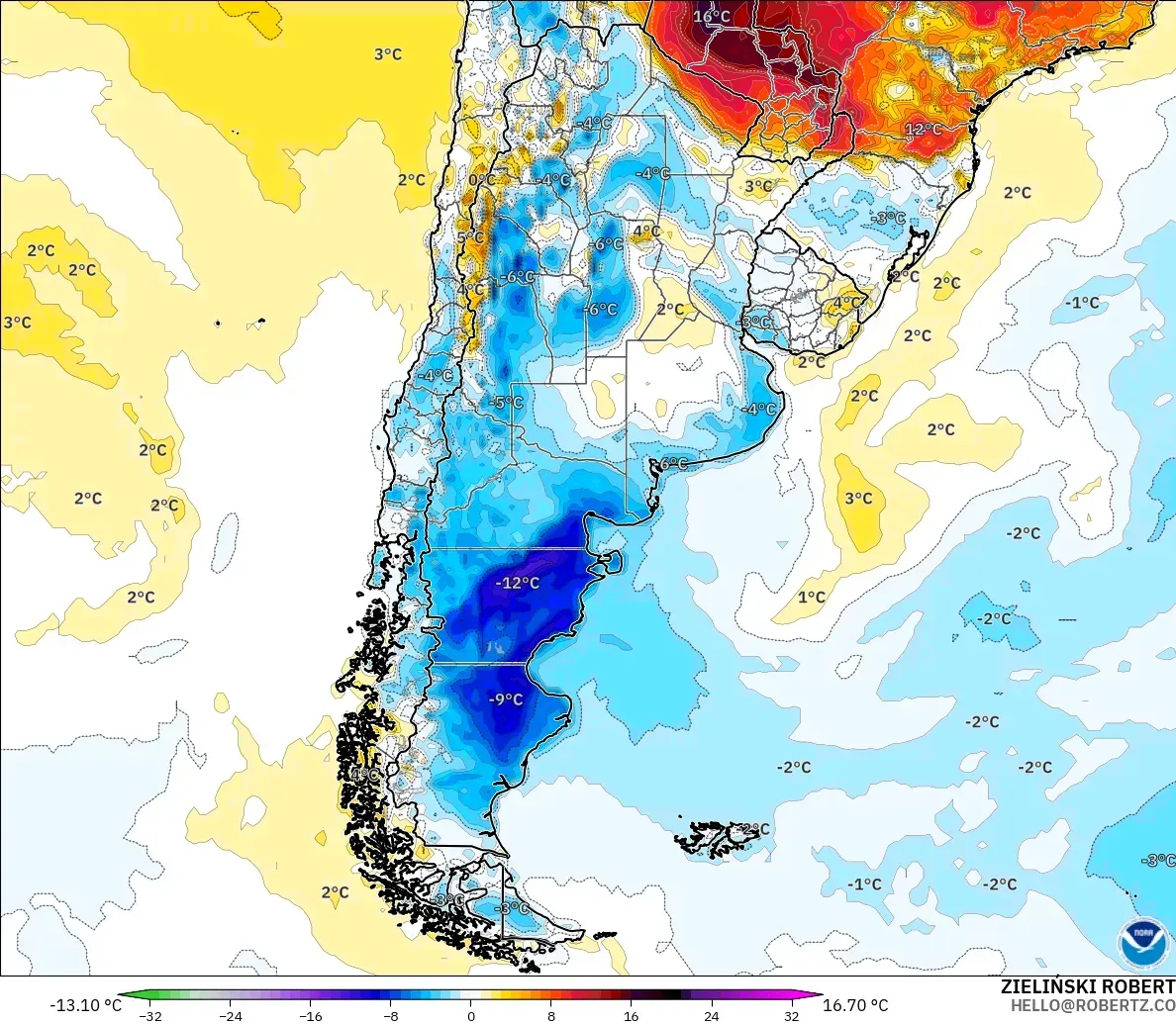 GFS モデル - アルゼンチン, 気温異常（2m）