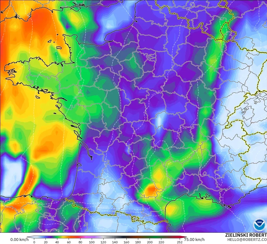 GFS モデル - フランス, 突風（最大）